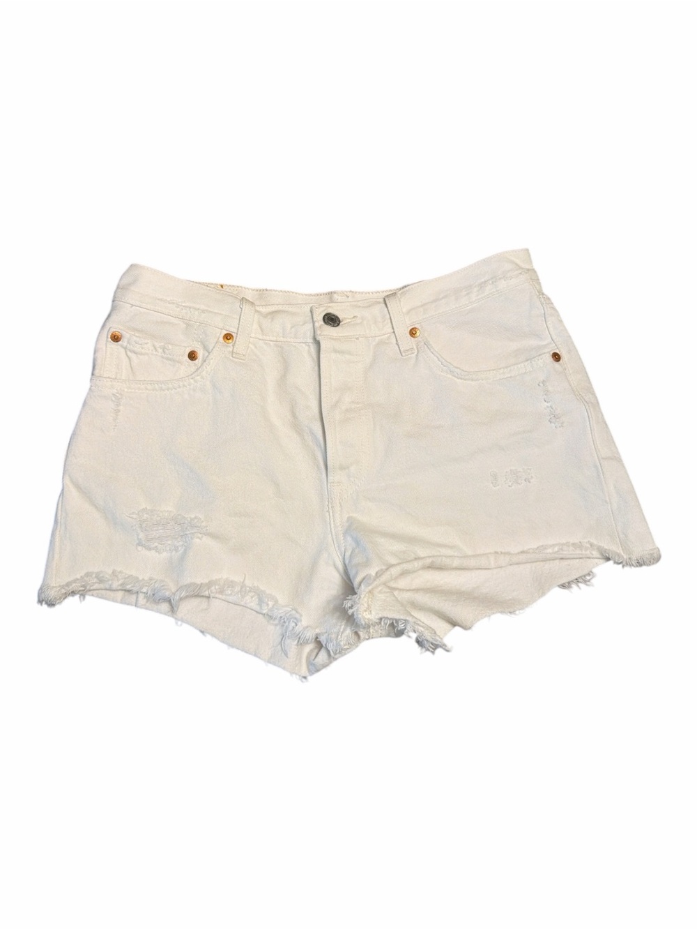 Levis 501 White Denim Shorts Womens W29 Raw Hem Distressed High Rise Cutoff